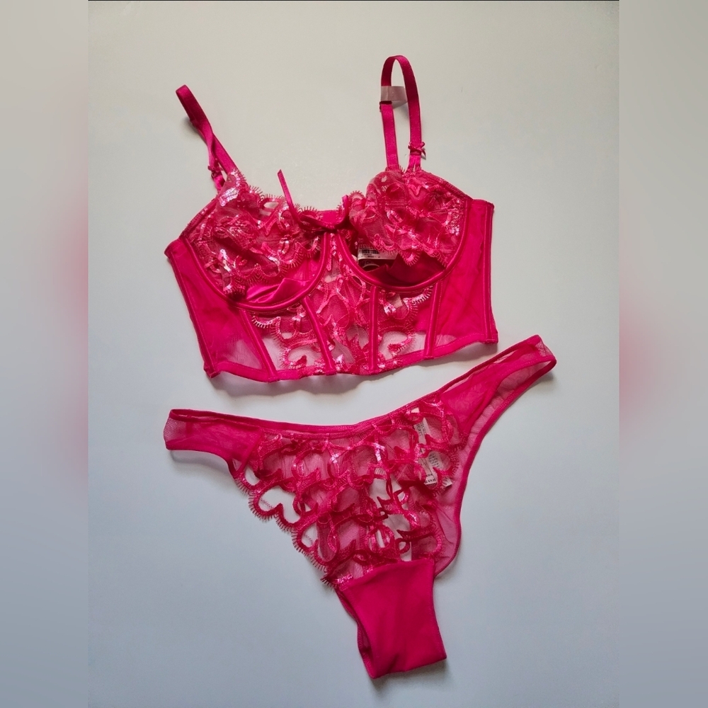 💋SET💋 Victoria's Secret Wicked Shimmer Heart Embroidery Corset + Panty L